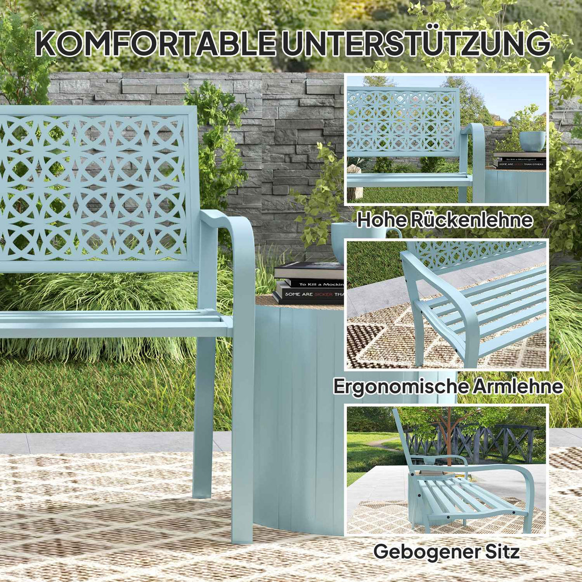 2-seater garden bench, weatherproof bench, garden furniture with back and armrests, park bench 240kg load capacity, balcony bench for balcony terrace, garden, 127 x 63 x 85cm, blue