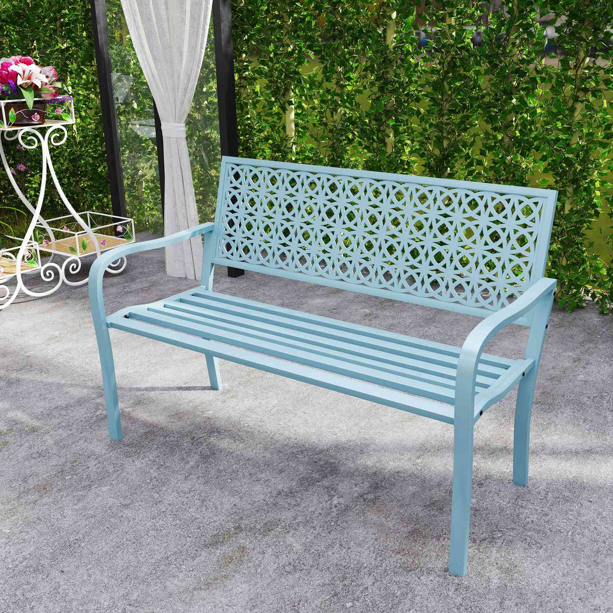2-seater garden bench, weatherproof bench, garden furniture with back and armrests, park bench 240kg load capacity, balcony bench for balcony terrace, garden, 127 x 63 x 85cm, blue
