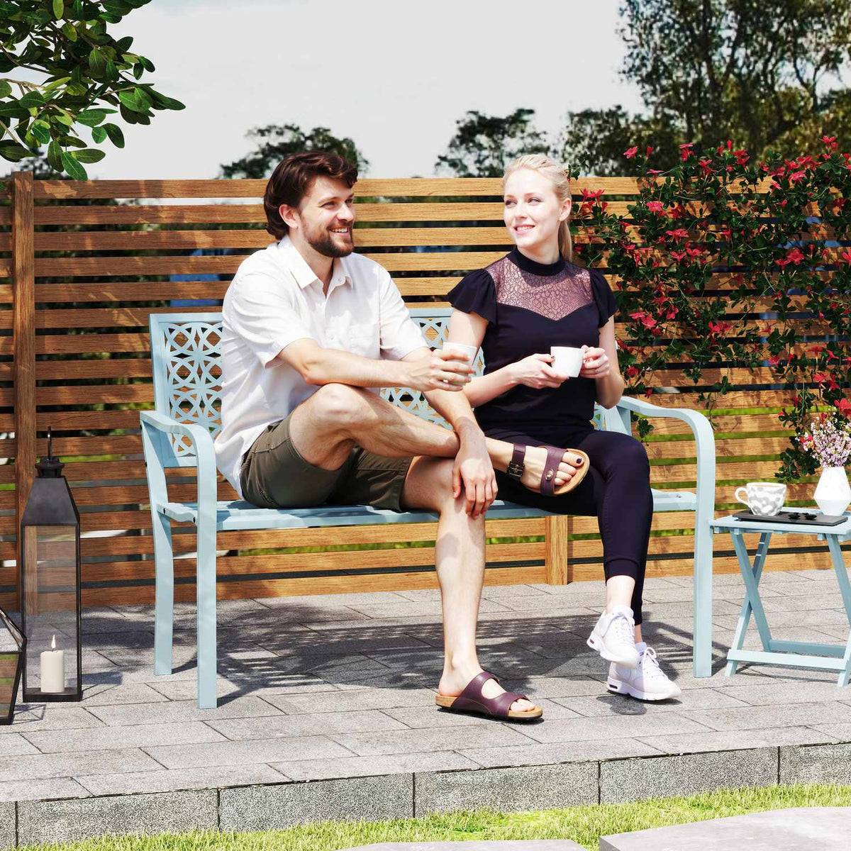 2-seater garden bench, weatherproof bench, garden furniture with back and armrests, park bench 240kg load capacity, balcony bench for balcony terrace, garden, 127 x 63 x 85cm, blue