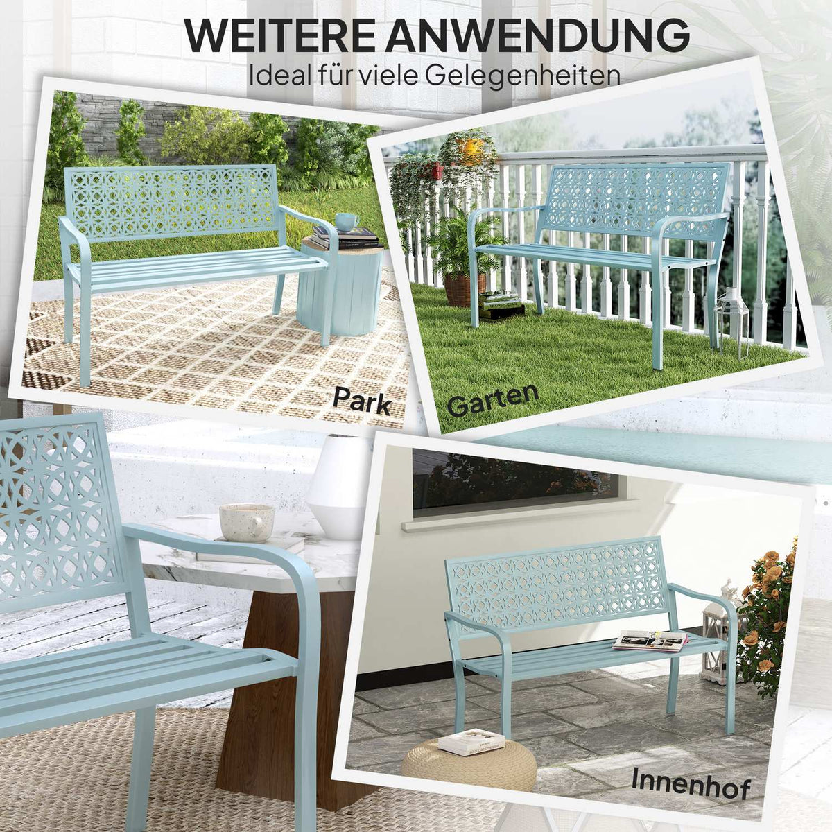 2-seater garden bench, weatherproof bench, garden furniture with back and armrests, park bench 240kg load capacity, balcony bench for balcony terrace, garden, 127 x 63 x 85cm, blue