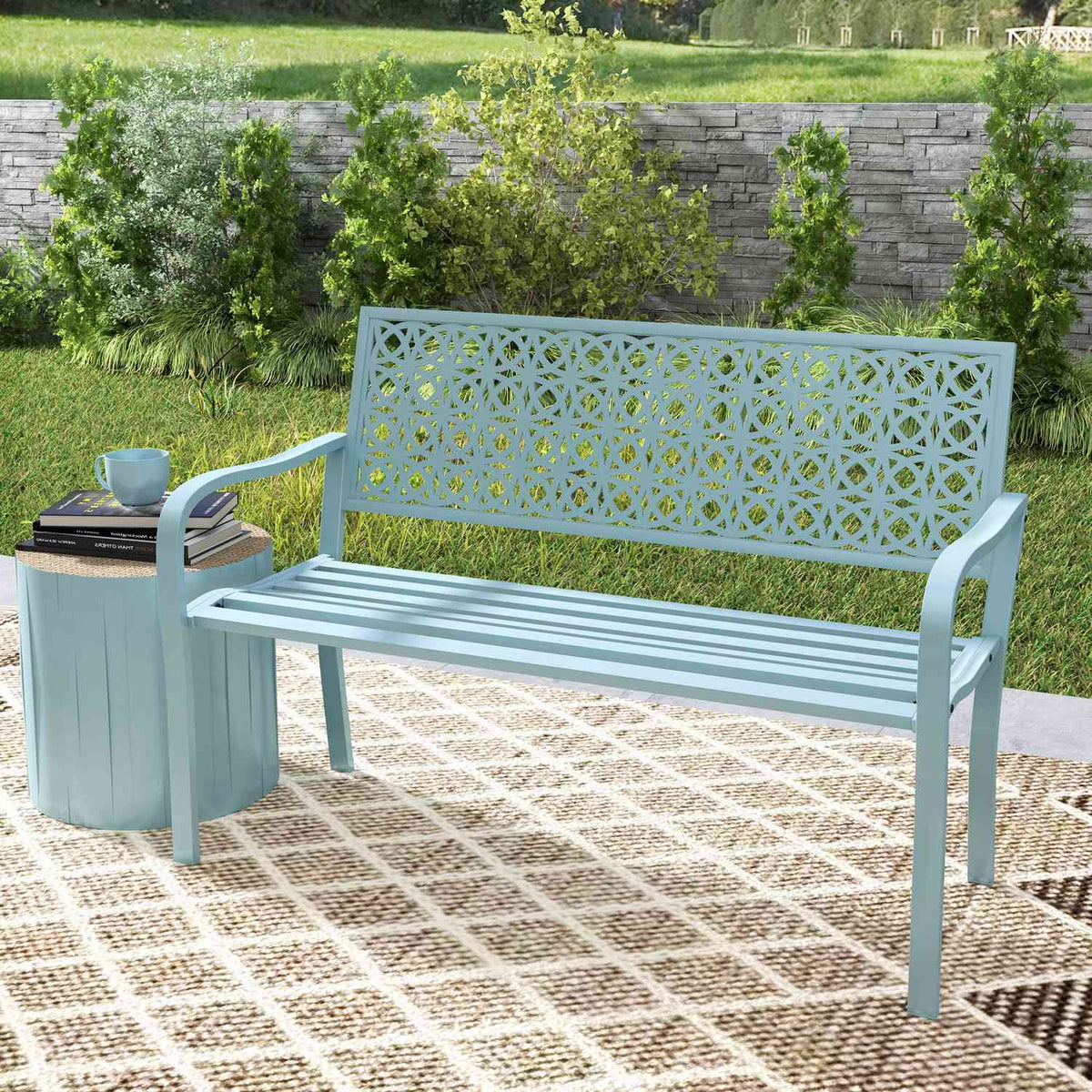 2-seater garden bench, weatherproof bench, garden furniture with back and armrests, park bench 240kg load capacity, balcony bench for balcony terrace, garden, 127 x 63 x 85cm, blue