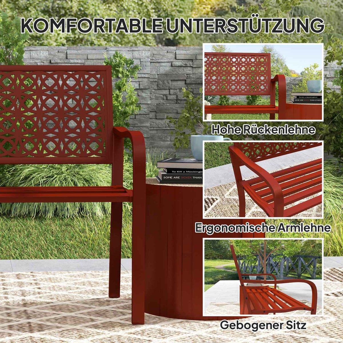 2-seater garden bench, weatherproof bench, garden furniture with back and armrests, park bench 240kg load capacity, balcony bench for balcony terrace, garden, 127 x 63 x 85cm, red