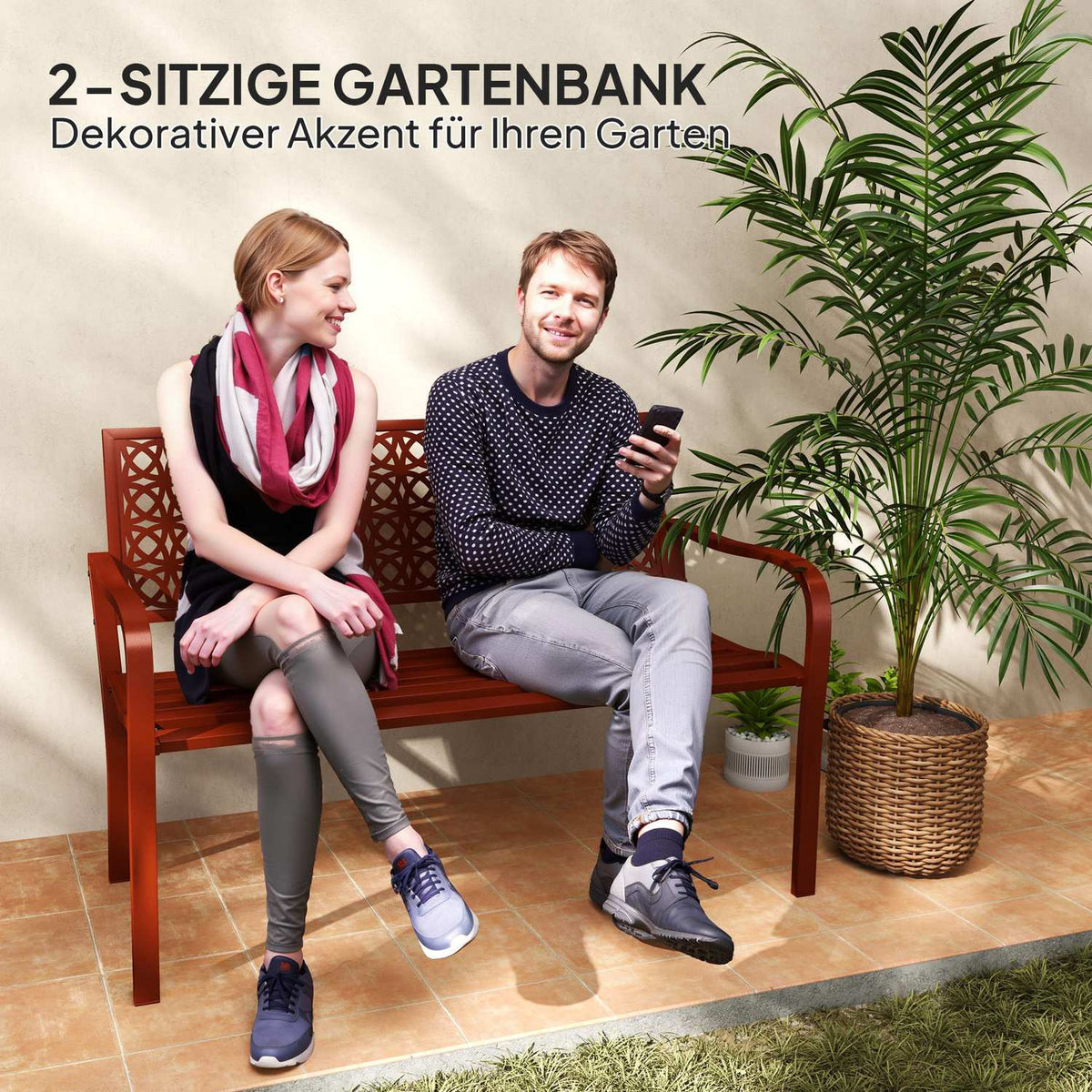 2-seater garden bench, weatherproof bench, garden furniture with back and armrests, park bench 240kg load capacity, balcony bench for balcony terrace, garden, 127 x 63 x 85cm, red