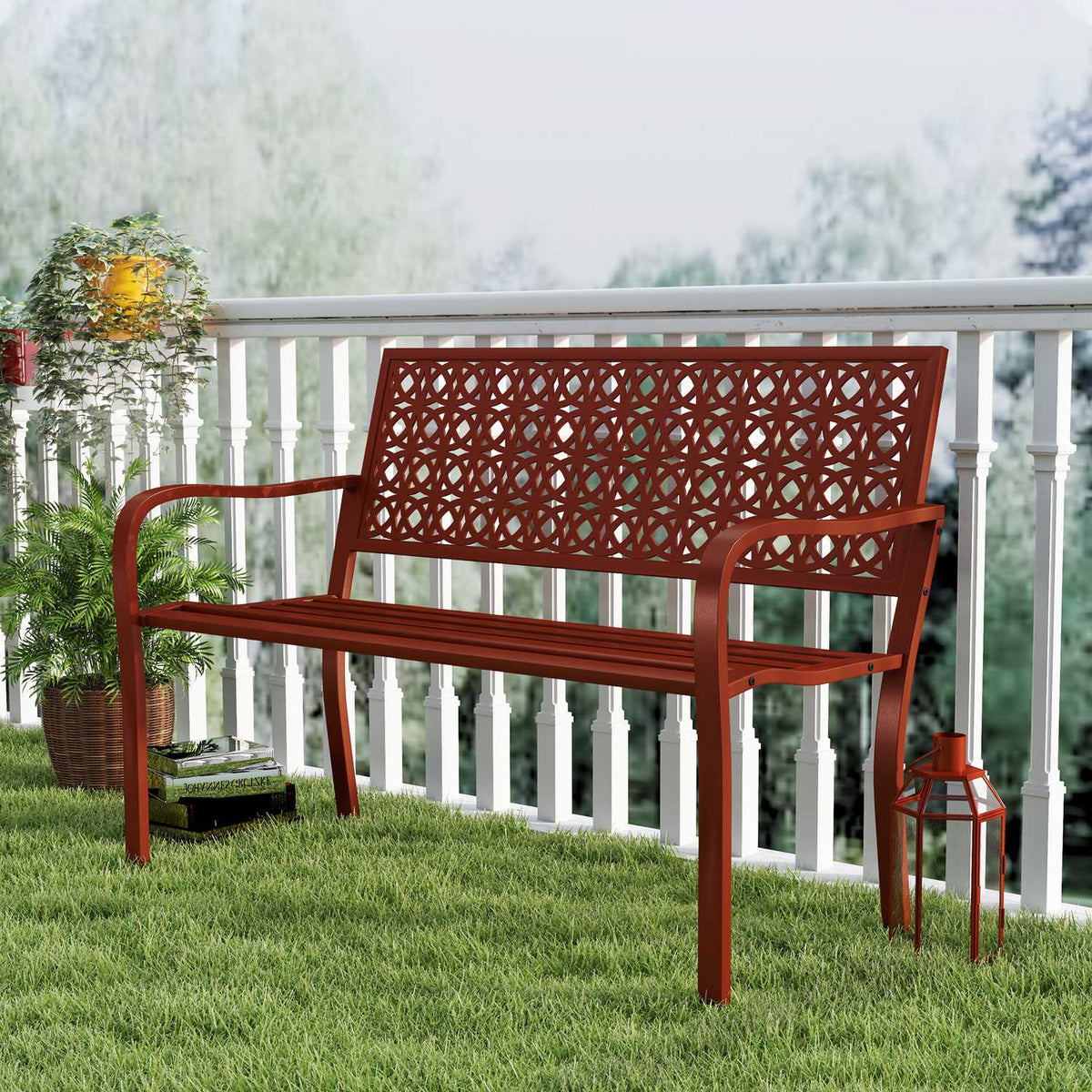 2-seater garden bench, weatherproof bench, garden furniture with back and armrests, park bench 240kg load capacity, balcony bench for balcony terrace, garden, 127 x 63 x 85cm, red