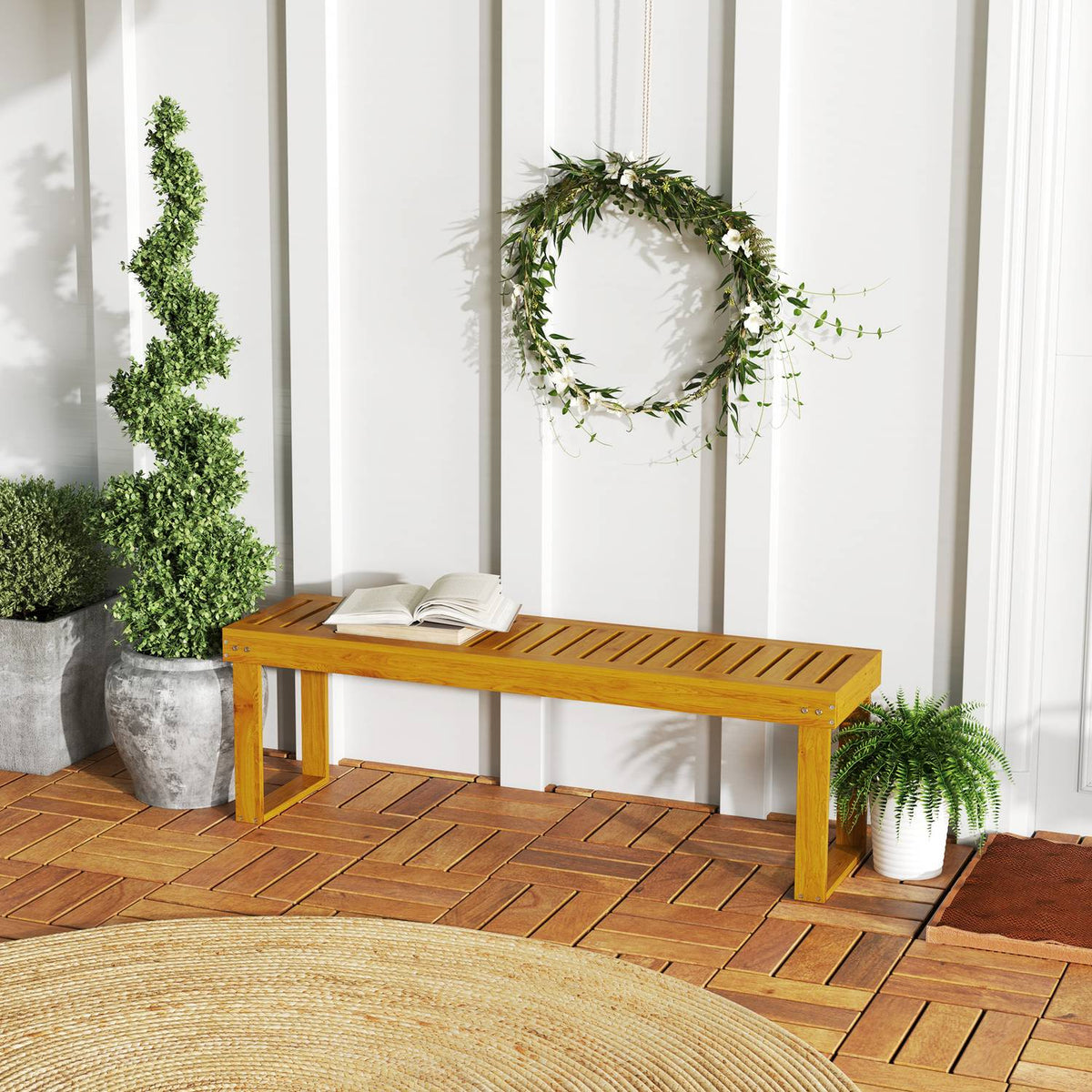 2-seater garden bench, weatherproof bench made of wood, 300 kg load-bearing park bench with slatted seat, garden furniture, balcony bench for garden, balcony, terrace, park, yard, veranda 128 x 51 x 73 cm, teak