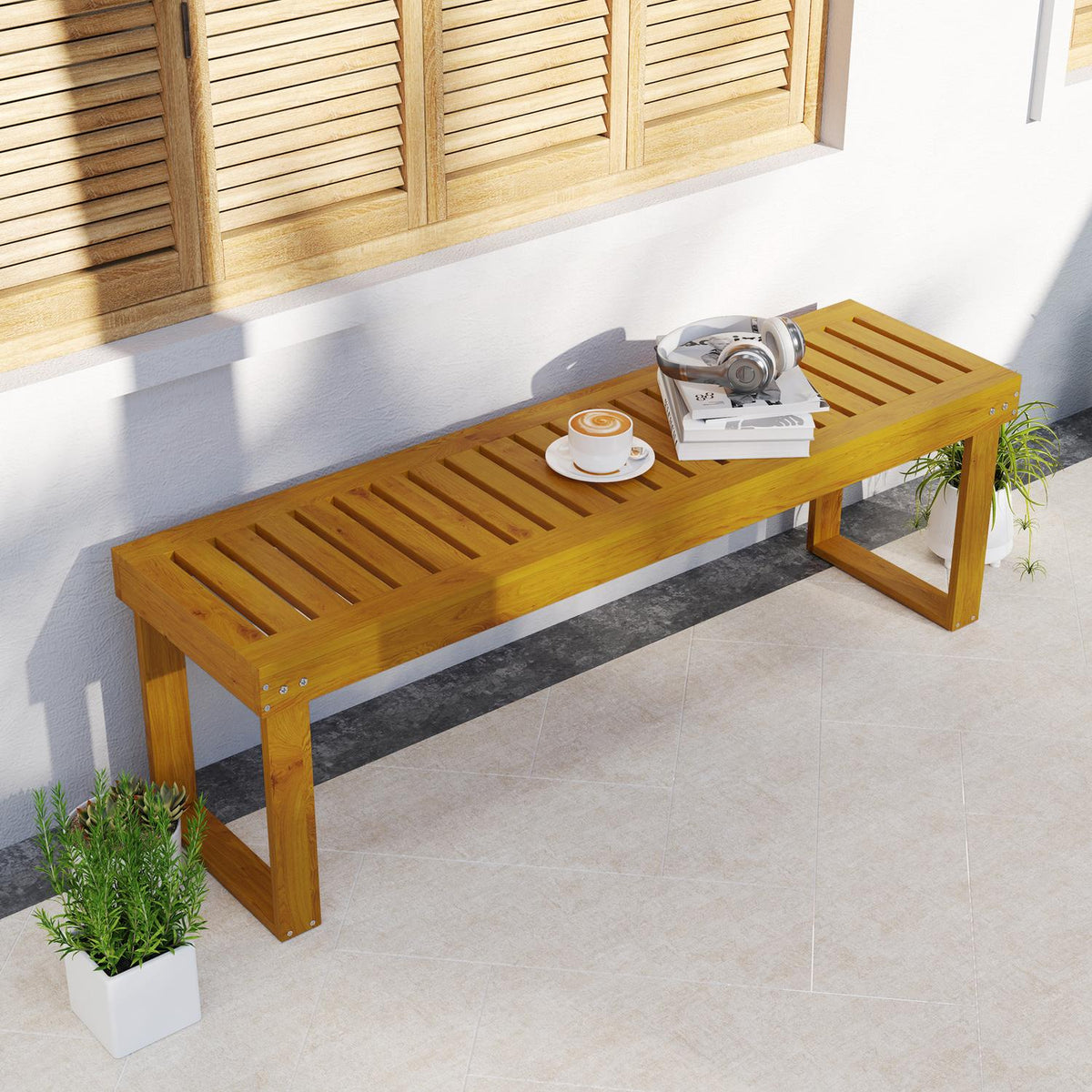 2-seater garden bench, weatherproof bench made of wood, 300 kg load-bearing park bench with slatted seat, garden furniture, balcony bench for garden, balcony, terrace, park, yard, veranda 128 x 51 x 73 cm, teak