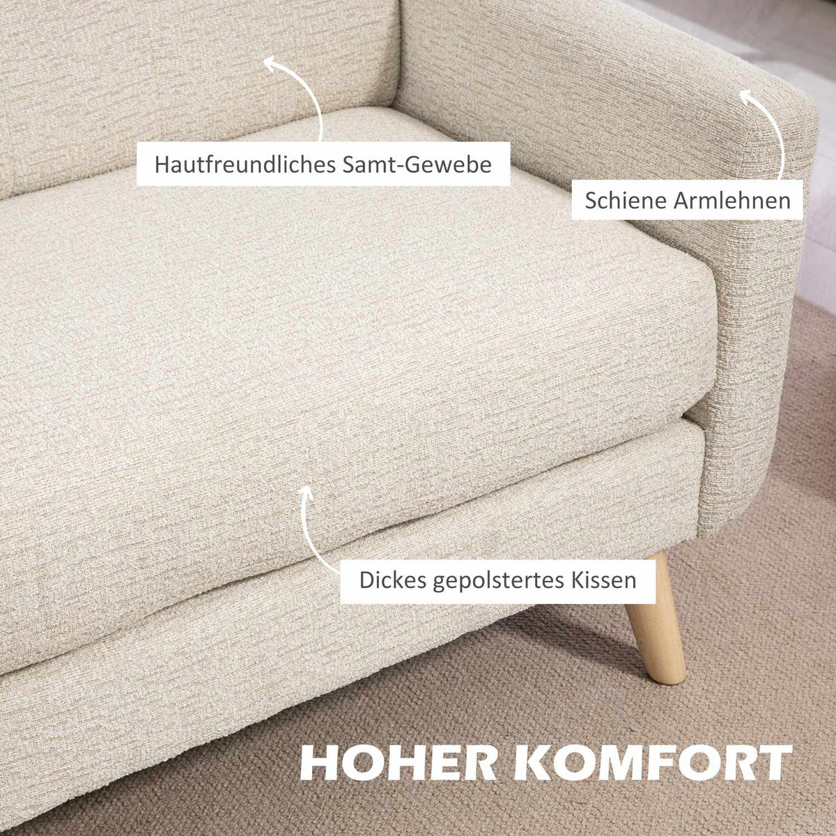 2-seater kitchen sofa, 134W x 71D x 82H cm, with thick seat and back cushion, spring core, wooden legs, anti-slip feet, velvet look, beige