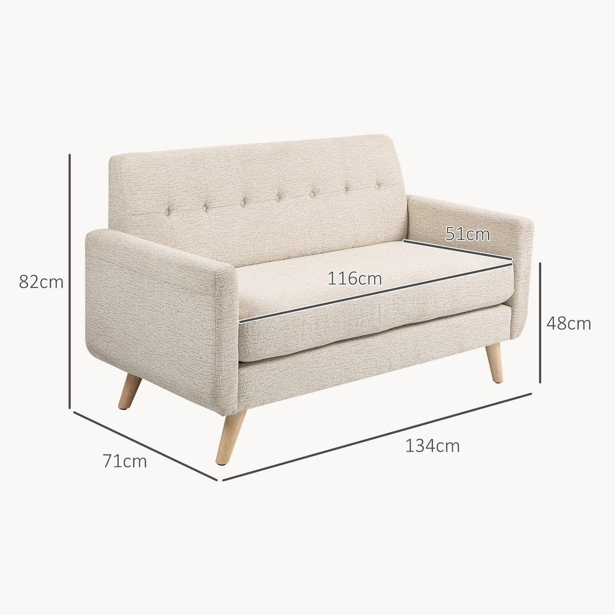 2-seater kitchen sofa, 134W x 71D x 82H cm, with thick seat and back cushion, spring core, wooden legs, anti-slip feet, velvet look, beige