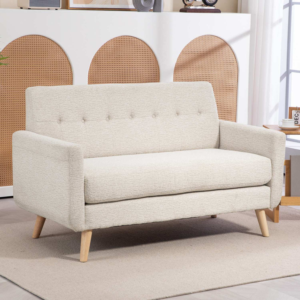 2-seater kitchen sofa, 134W x 71D x 82H cm, with thick seat and back cushion, spring core, wooden legs, anti-slip feet, velvet look, beige
