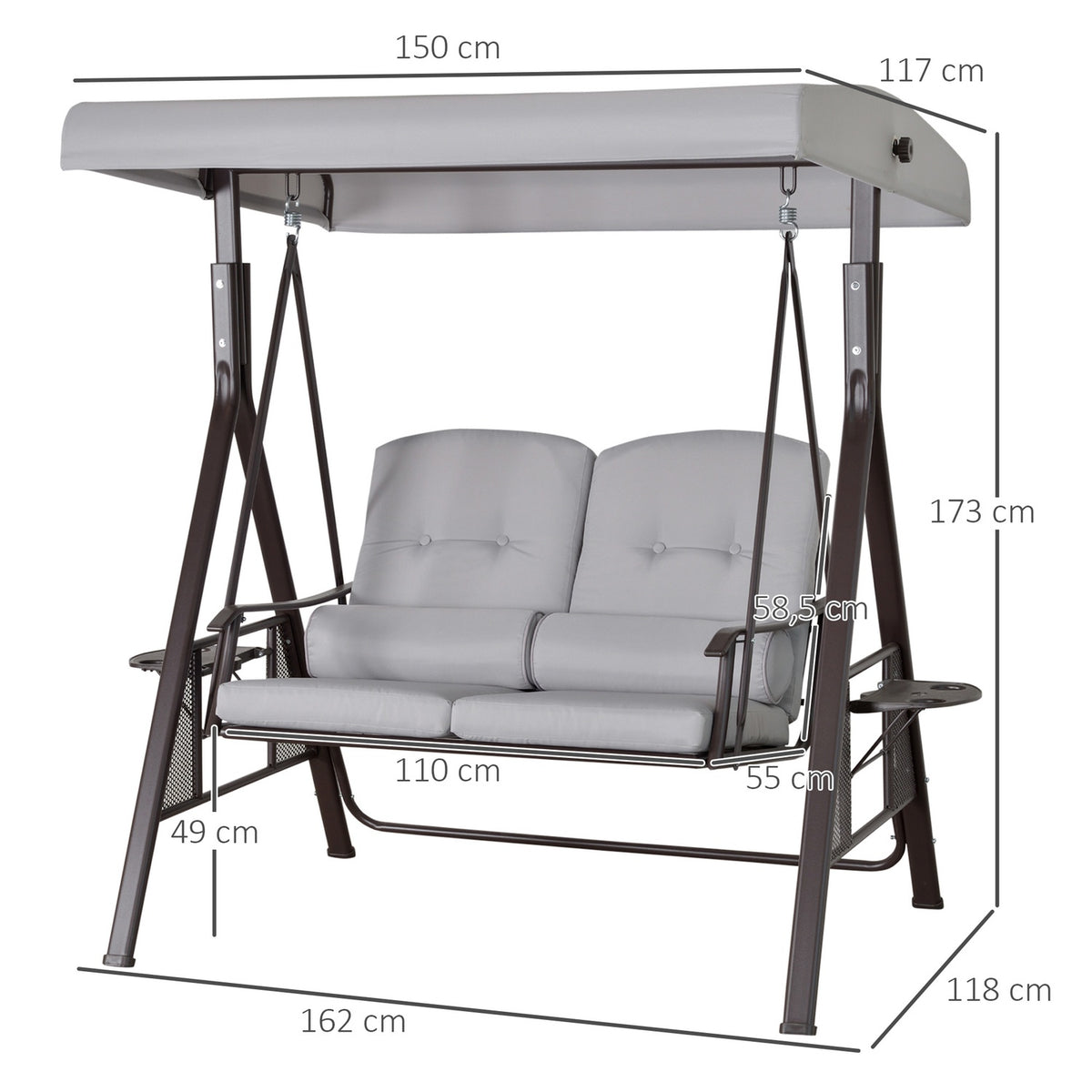 2-seater porch swing with sun canopy, cushions & tray, modern garden swing made of metal & polyester, gray, 162x118x173cm