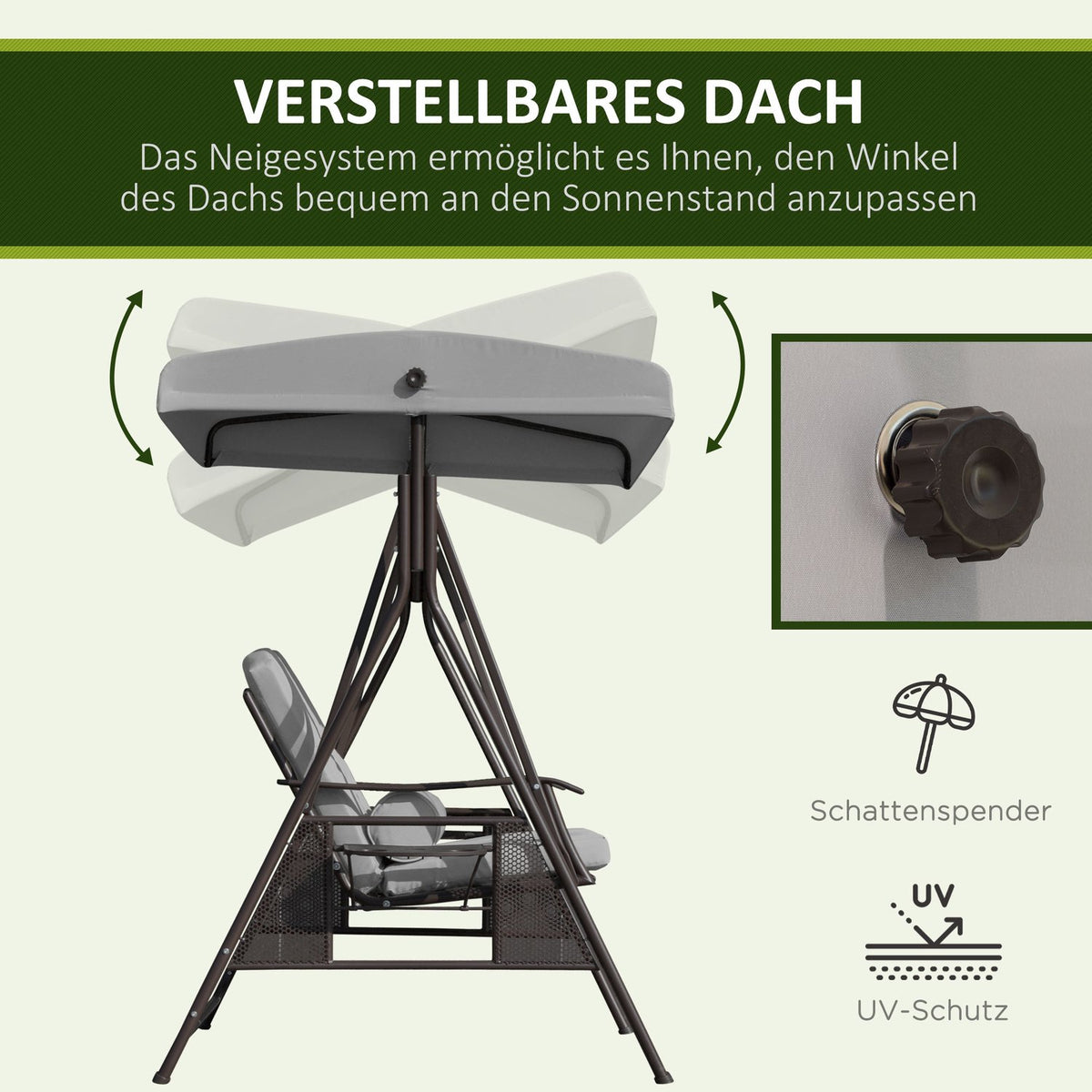 2-seater porch swing with sun canopy, cushions & tray, modern garden swing made of metal & polyester, gray, 162x118x173cm