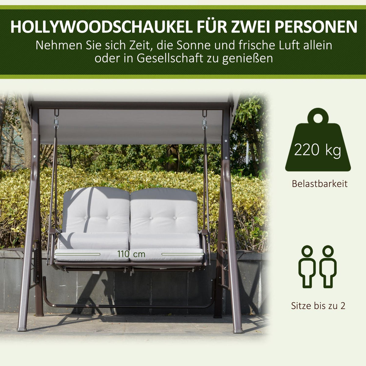 2-seater porch swing with sun canopy, cushions & tray, modern garden swing made of metal & polyester, gray, 162x118x173cm