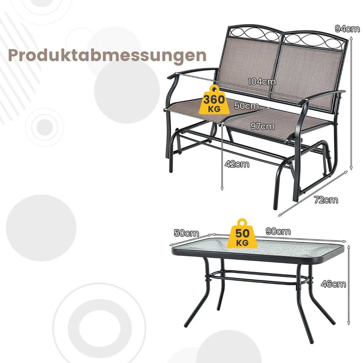 2-seater rocking bench with coffee table balcony furniture set garden bench made of textilene