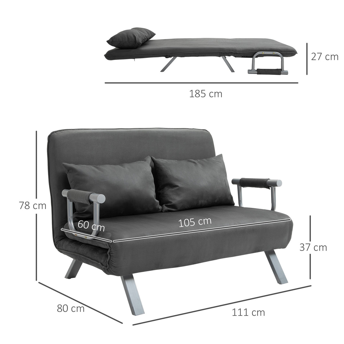2-seater sofa bed with armrests 65x69x80cm 3-in-1 sofa bed, guest bed, folding mattress, imitation suede, gray