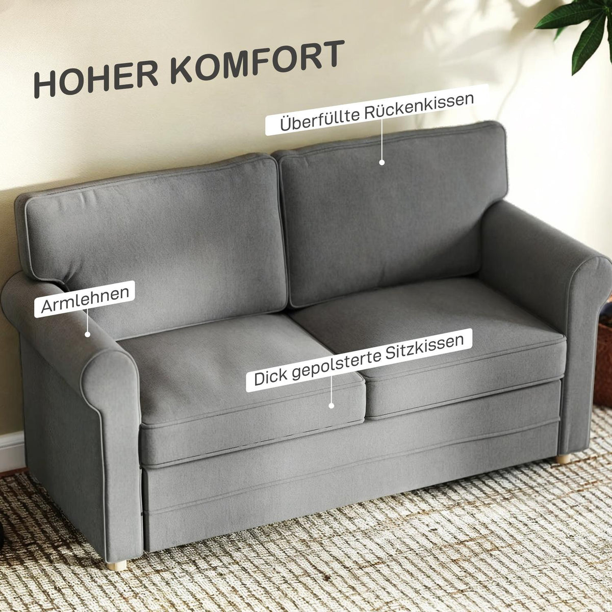 2-seater sofa, compact living room couch, linen-look fabric, soft seat cushions, steel frame, dark grey