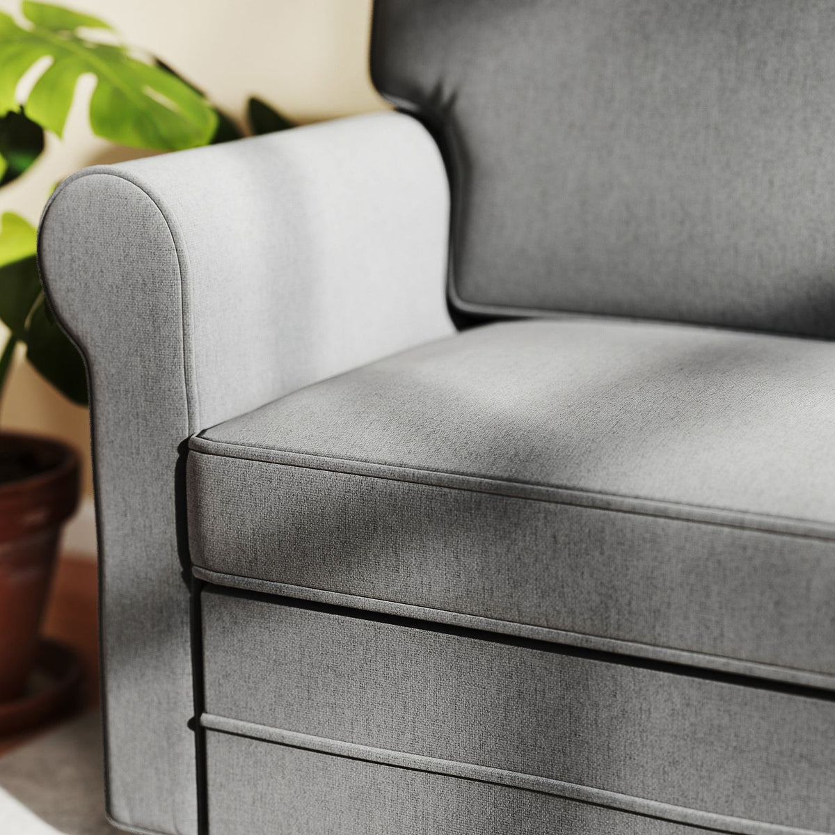 2-seater sofa, compact living room couch, linen-look fabric, soft seat cushions, steel frame, dark grey