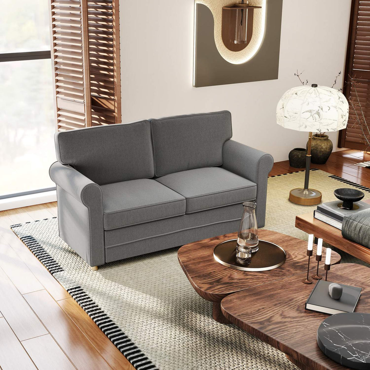 2-seater sofa, compact living room couch, linen-look fabric, soft seat cushions, steel frame, dark grey