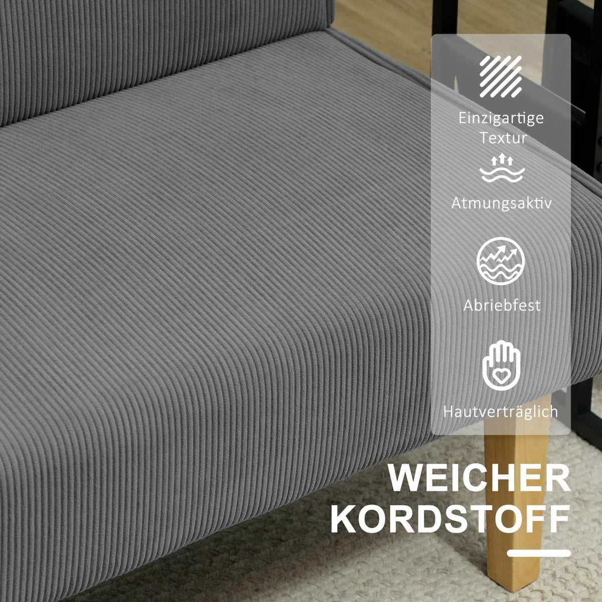 2 seater sofa, corduroy look couch, wooden legs, padded upholstered sofa, double sofa for bedroom, living room, 110 x 62 x 85 cm, gray