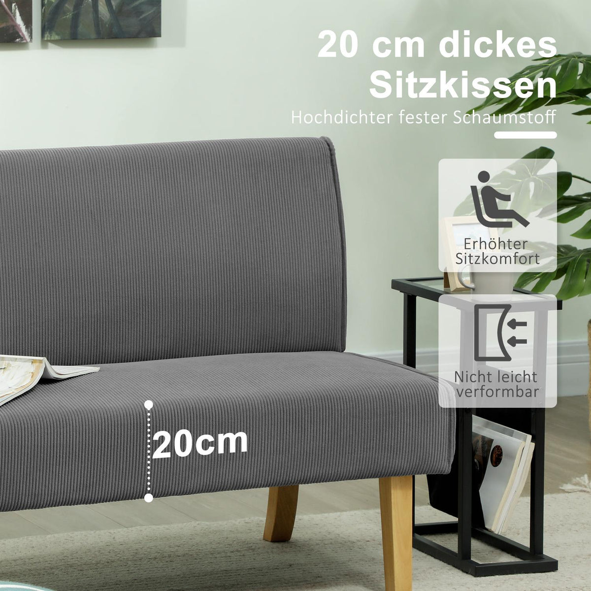 2 seater sofa, corduroy look couch, wooden legs, padded upholstered sofa, double sofa for bedroom, living room, 110 x 62 x 85 cm, gray