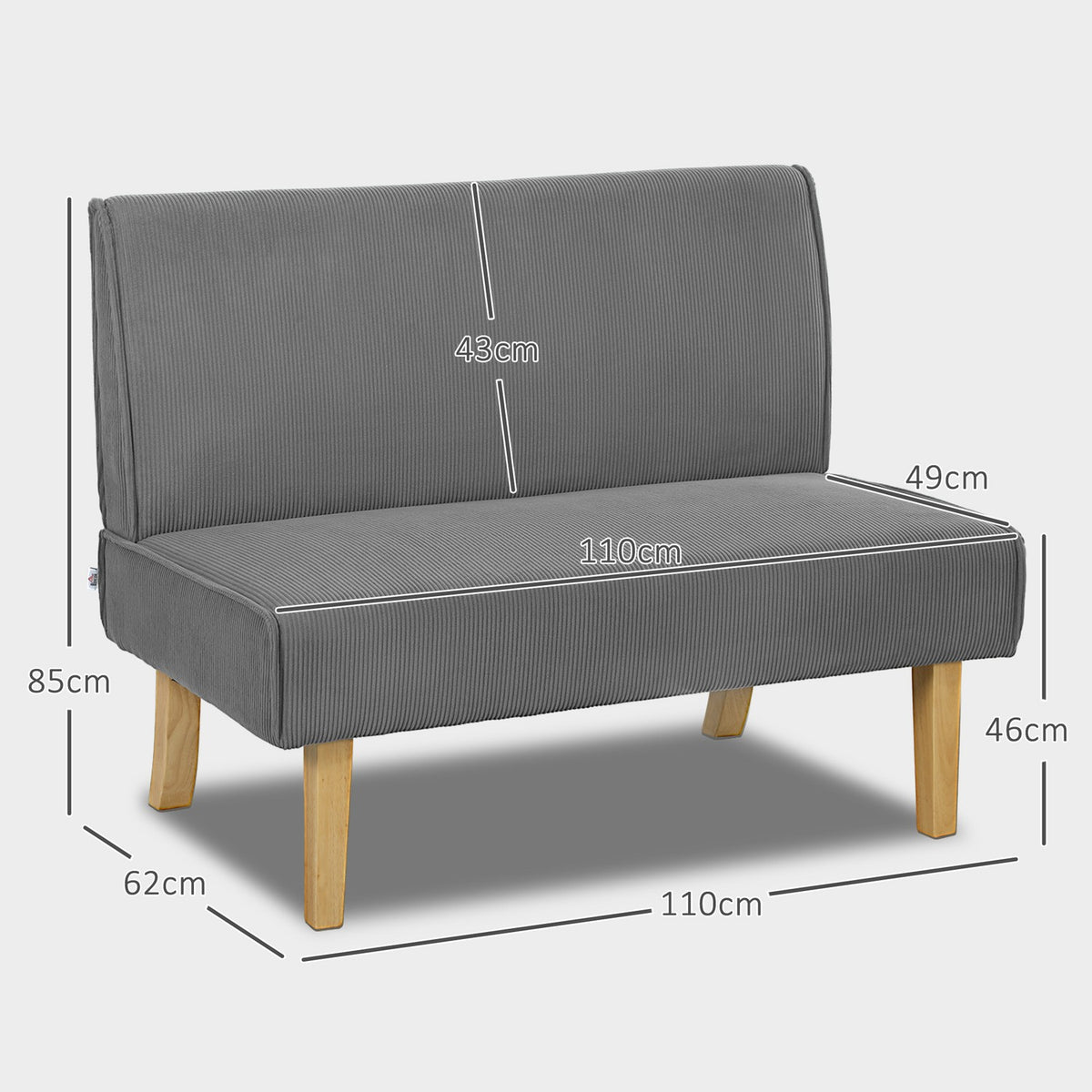 2 seater sofa, corduroy look couch, wooden legs, padded upholstered sofa, double sofa for bedroom, living room, 110 x 62 x 85 cm, gray