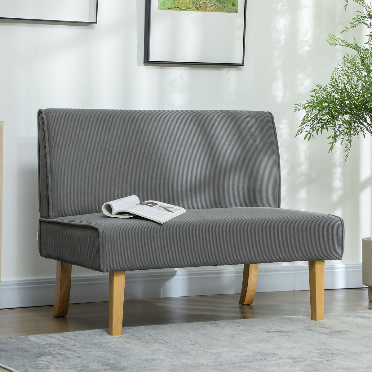 2 seater sofa, corduroy look couch, wooden legs, padded upholstered sofa, double sofa for bedroom, living room, 110 x 62 x 85 cm, gray