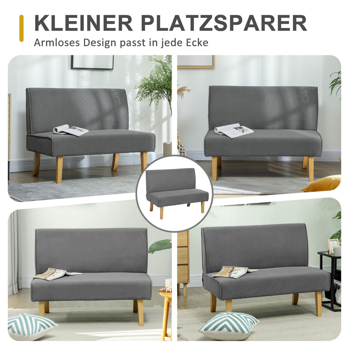 2 seater sofa, corduroy look couch, wooden legs, padded upholstered sofa, double sofa for bedroom, living room, 110 x 62 x 85 cm, gray