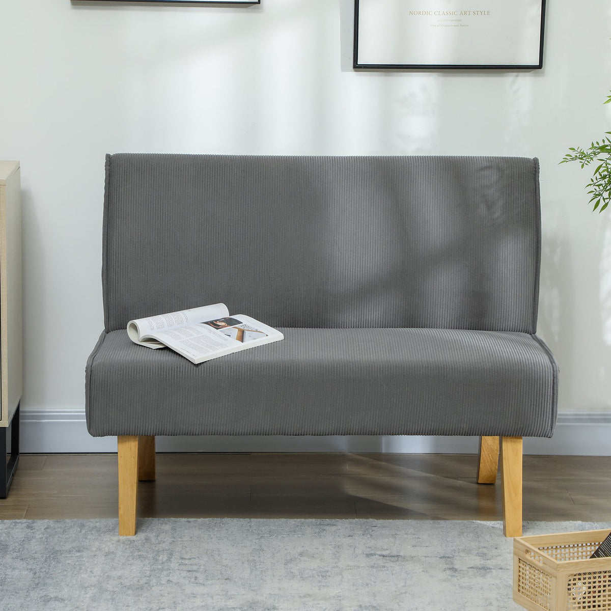 2 seater sofa, corduroy look couch, wooden legs, padded upholstered sofa, double sofa for bedroom, living room, 110 x 62 x 85 cm, gray