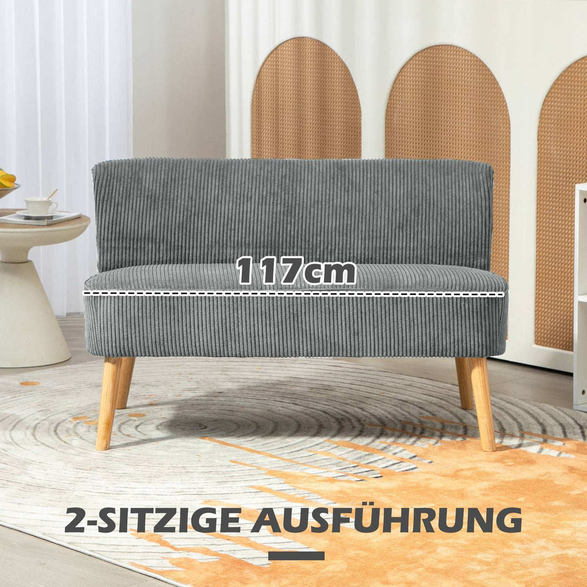 2 seater sofa, corduroy look couch, wooden legs, padded upholstered sofa, double sofa for living room, bedroom, 117 x 56.5 x 77 cm, gray