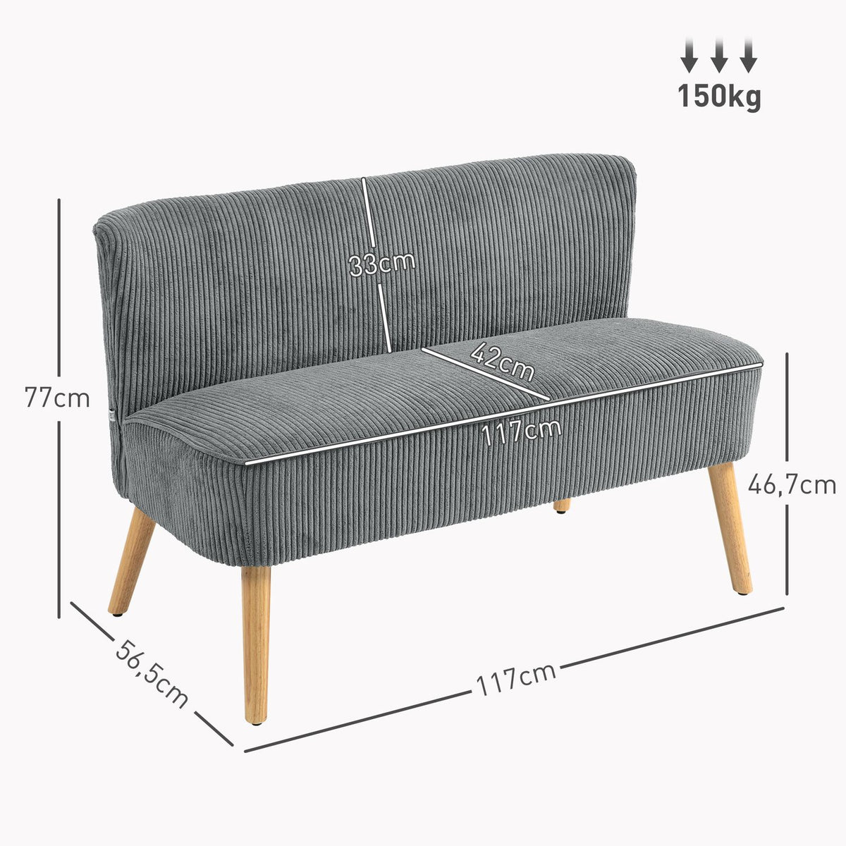 2 seater sofa, corduroy look couch, wooden legs, padded upholstered sofa, double sofa for living room, bedroom, 117 x 56.5 x 77 cm, gray