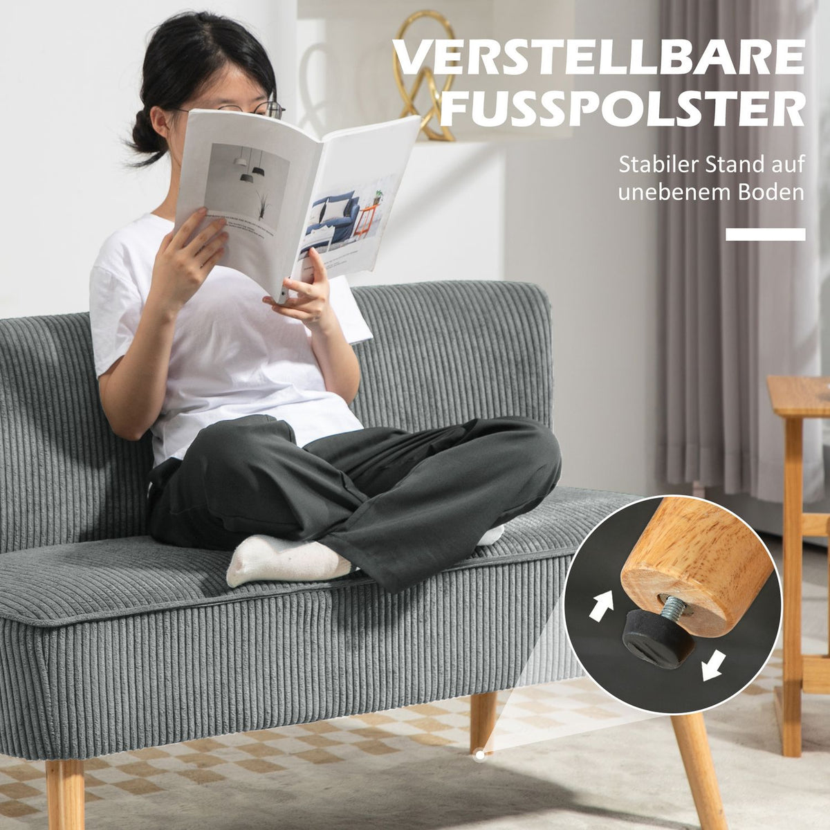 2 seater sofa, corduroy look couch, wooden legs, padded upholstered sofa, double sofa for living room, bedroom, 117 x 56.5 x 77 cm, gray