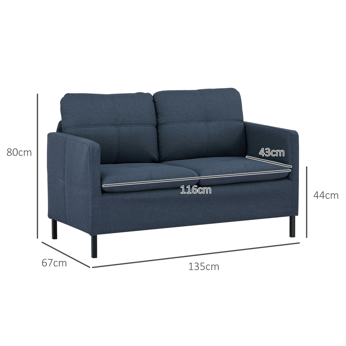 2 seater sofa, couch with linen look, steel legs, padded upholstered sofa, double sofa for living room, bedroom, 135 x 67 x 78 cm, dark blue