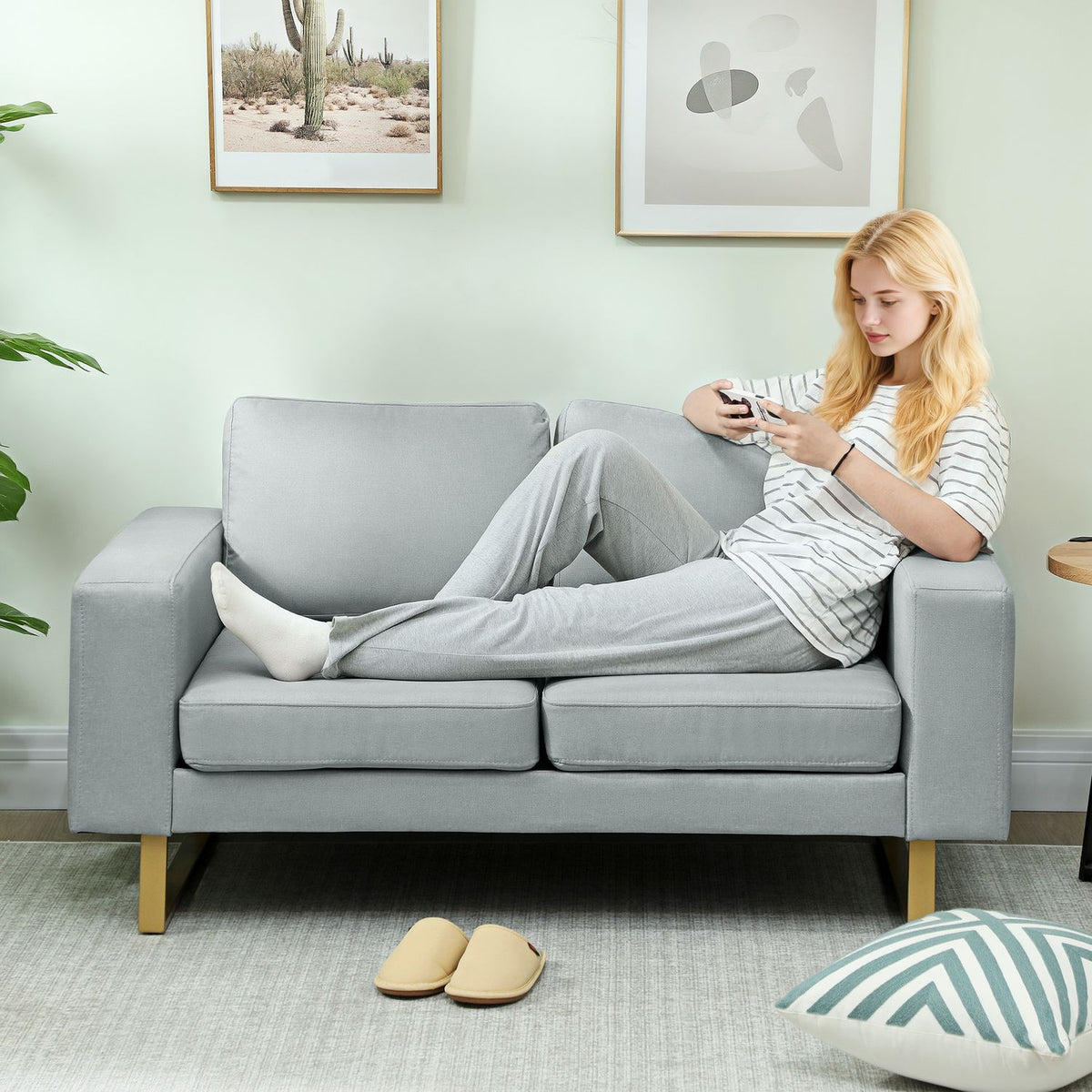 2-seater sofa, couch with solid wood frame, metal legs, simple design, light grey