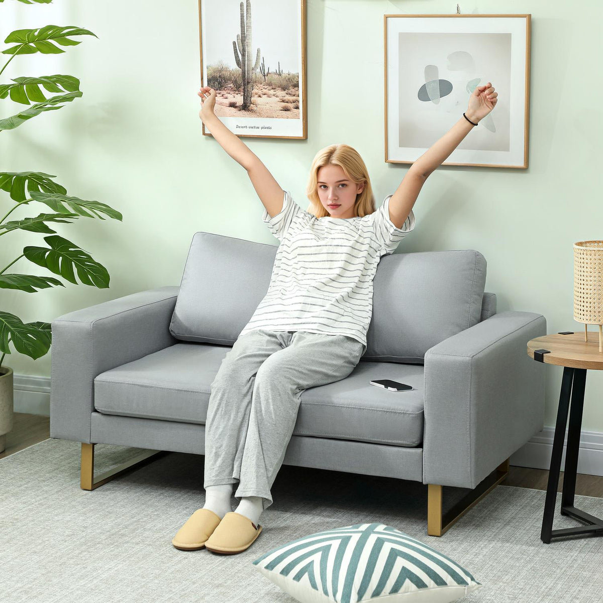 2-seater sofa, couch with solid wood frame, metal legs, simple design, light grey