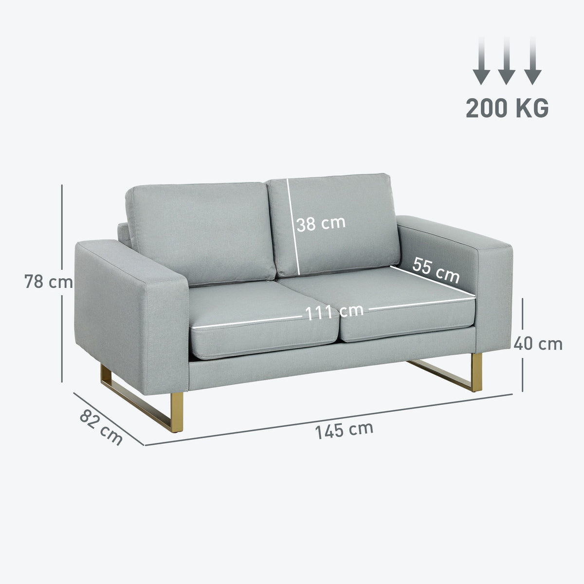 2-seater sofa, couch with solid wood frame, metal legs, simple design, light grey