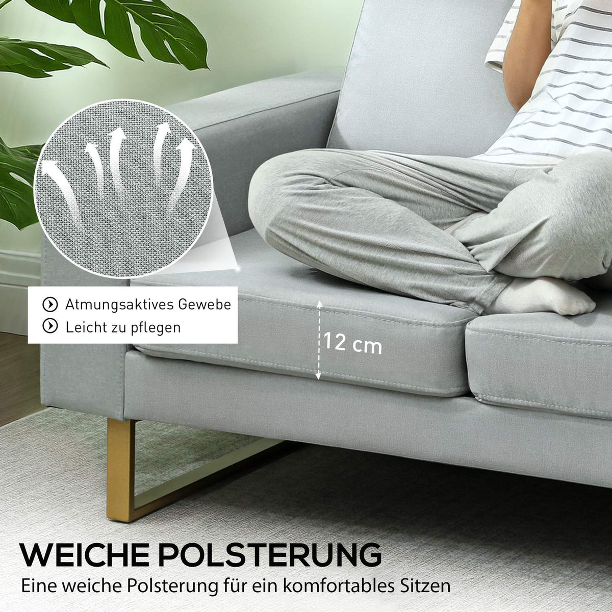 2-seater sofa, couch with solid wood frame, metal legs, simple design, light grey