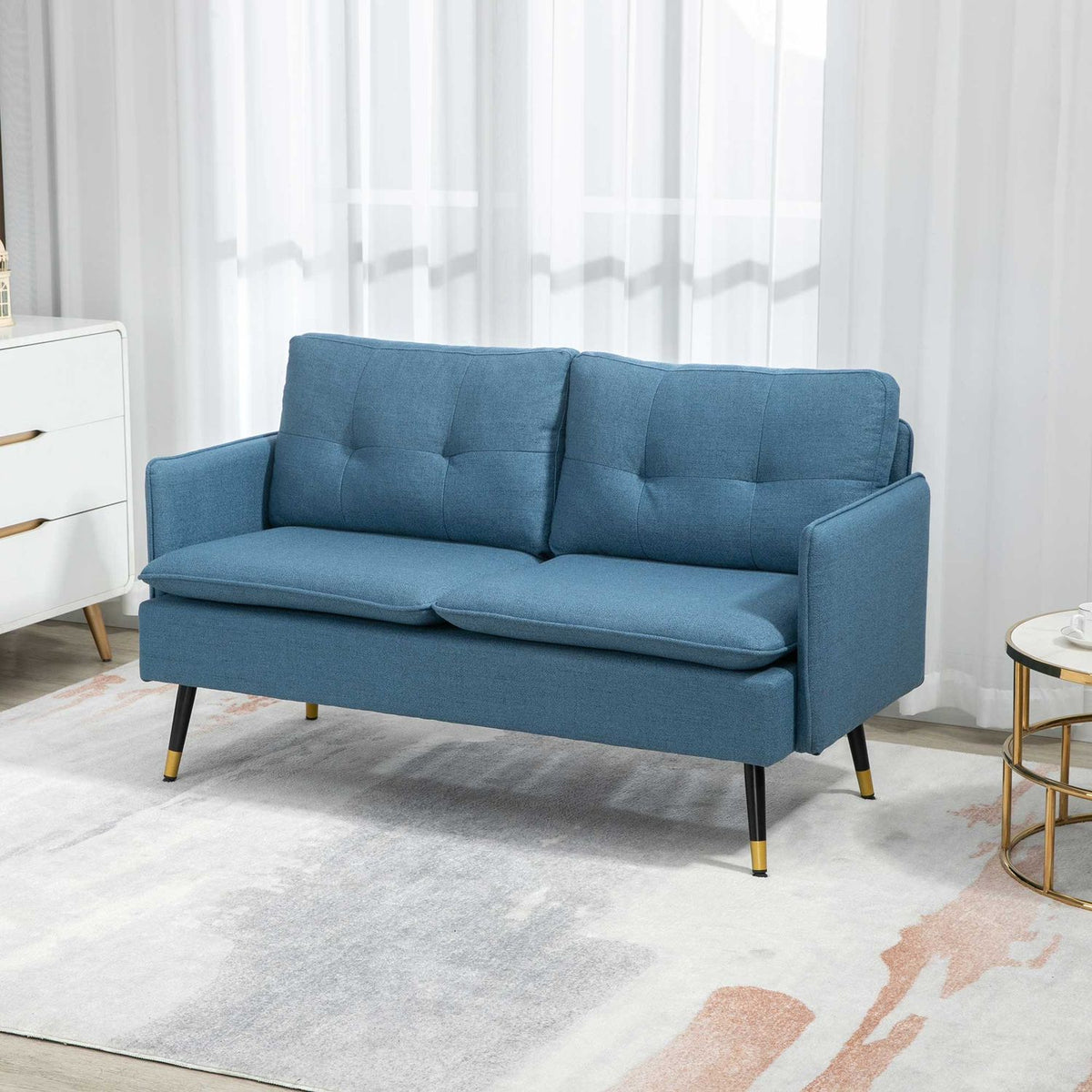 2 seater sofa, couch with thick cushion, upholstered sofa with steel legs, modern double sofa for living room, bedroom, dark blue