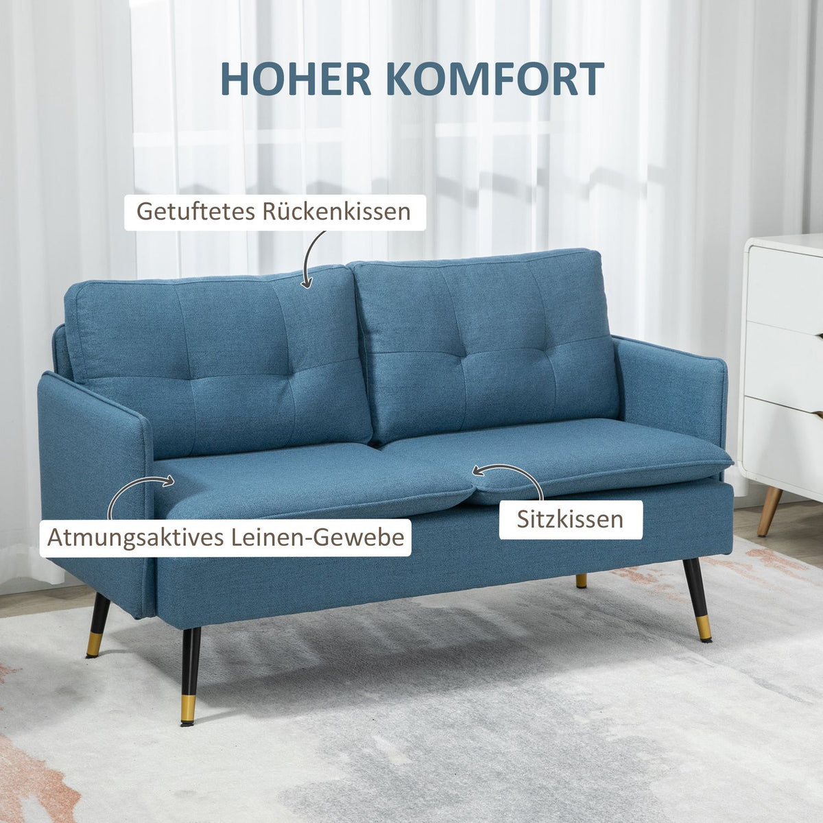 2 seater sofa, couch with thick cushion, upholstered sofa with steel legs, modern double sofa for living room, bedroom, dark blue