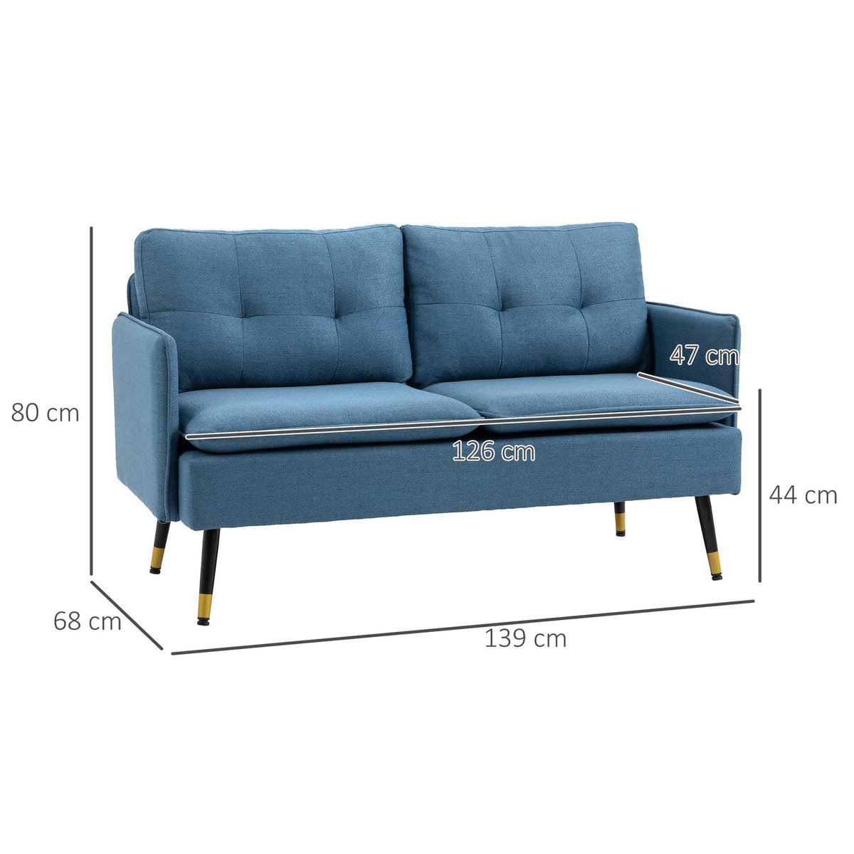 2 seater sofa, couch with thick cushion, upholstered sofa with steel legs, modern double sofa for living room, bedroom, dark blue