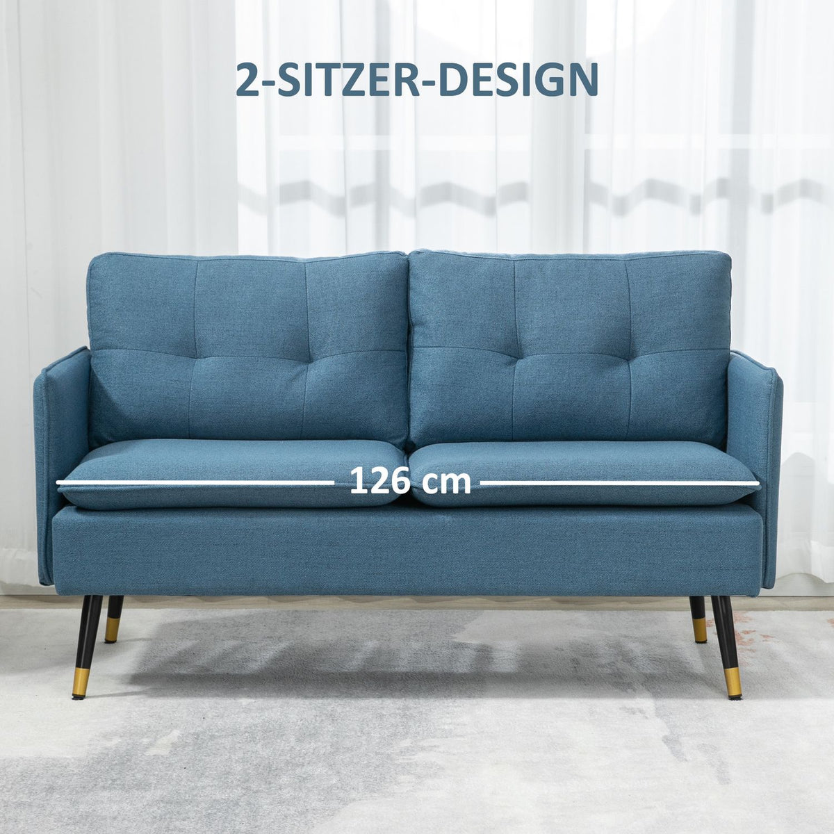 2 seater sofa, couch with thick cushion, upholstered sofa with steel legs, modern double sofa for living room, bedroom, dark blue