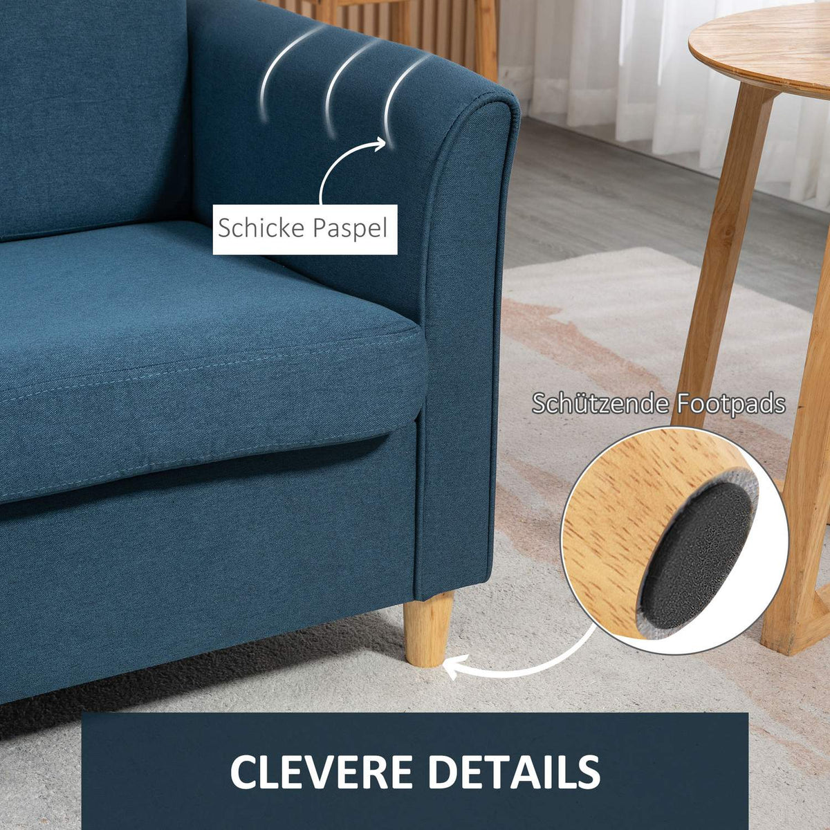 2 seater sofa, couch with wooden legs, linen look, padded upholstered sofa, double sofa in modern style for living room, bedroom, blue