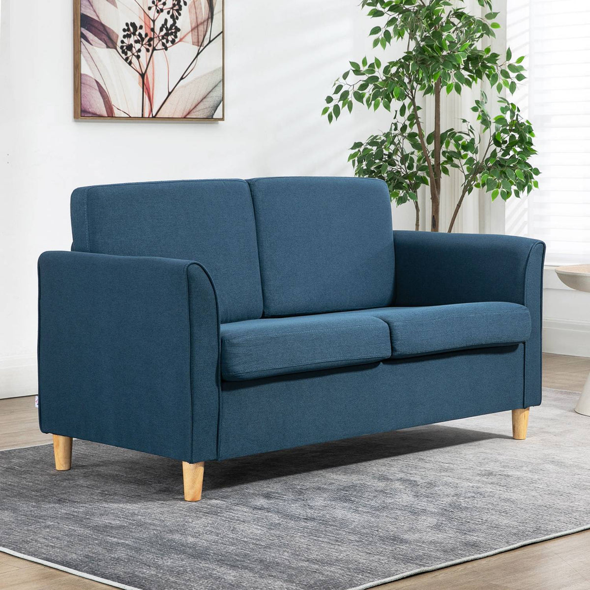 2 seater sofa, couch with wooden legs, linen look, padded upholstered sofa, double sofa in modern style for living room, bedroom, blue