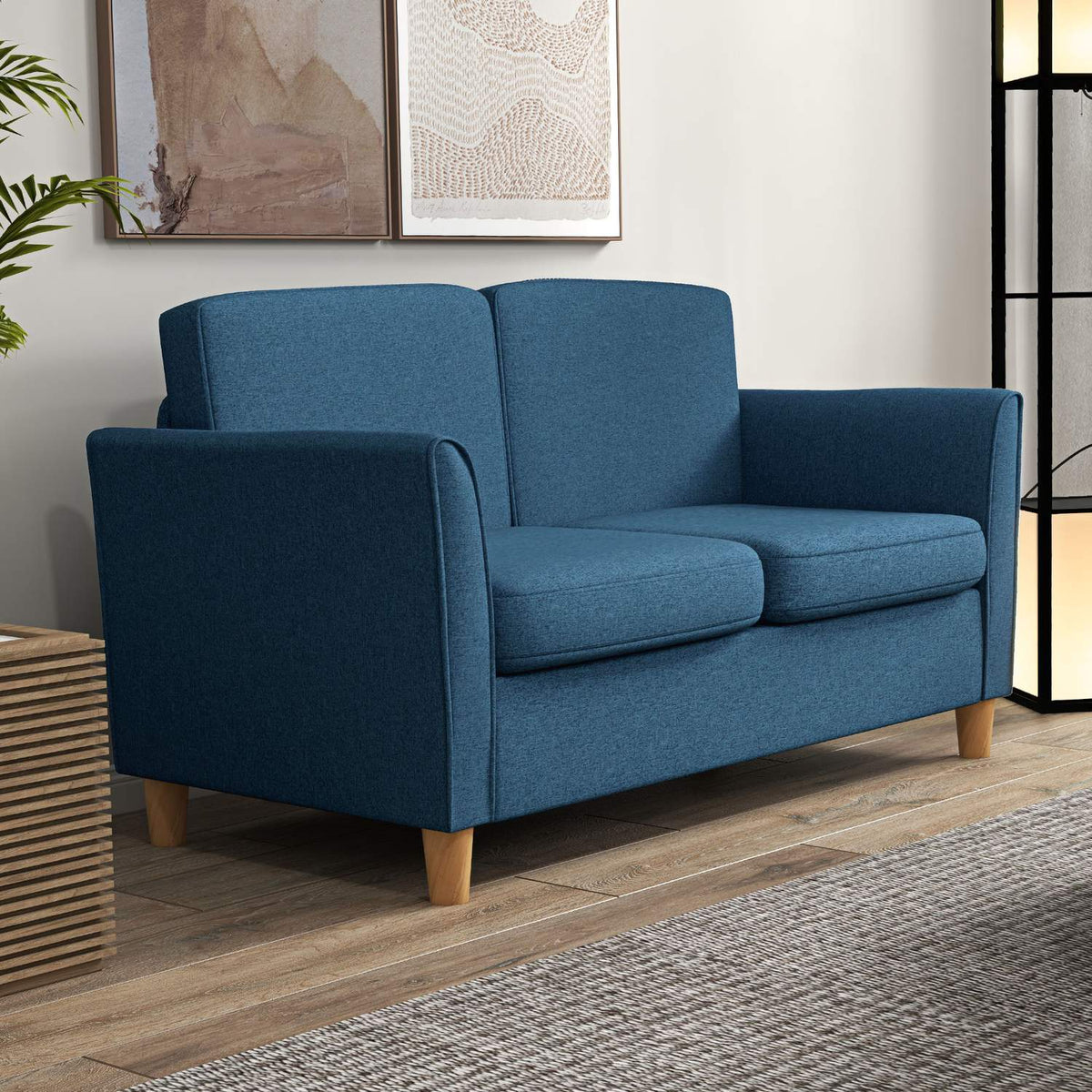 2 seater sofa, couch with wooden legs, linen look, padded upholstered sofa, double sofa in modern style for living room, bedroom, blue