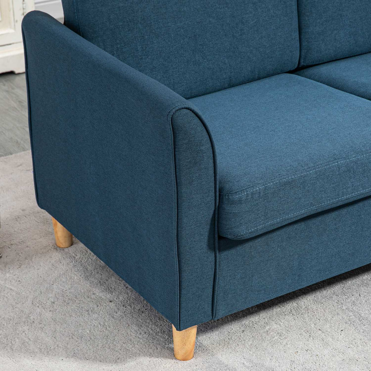 2 seater sofa, couch with wooden legs, linen look, padded upholstered sofa, double sofa in modern style for living room, bedroom, blue