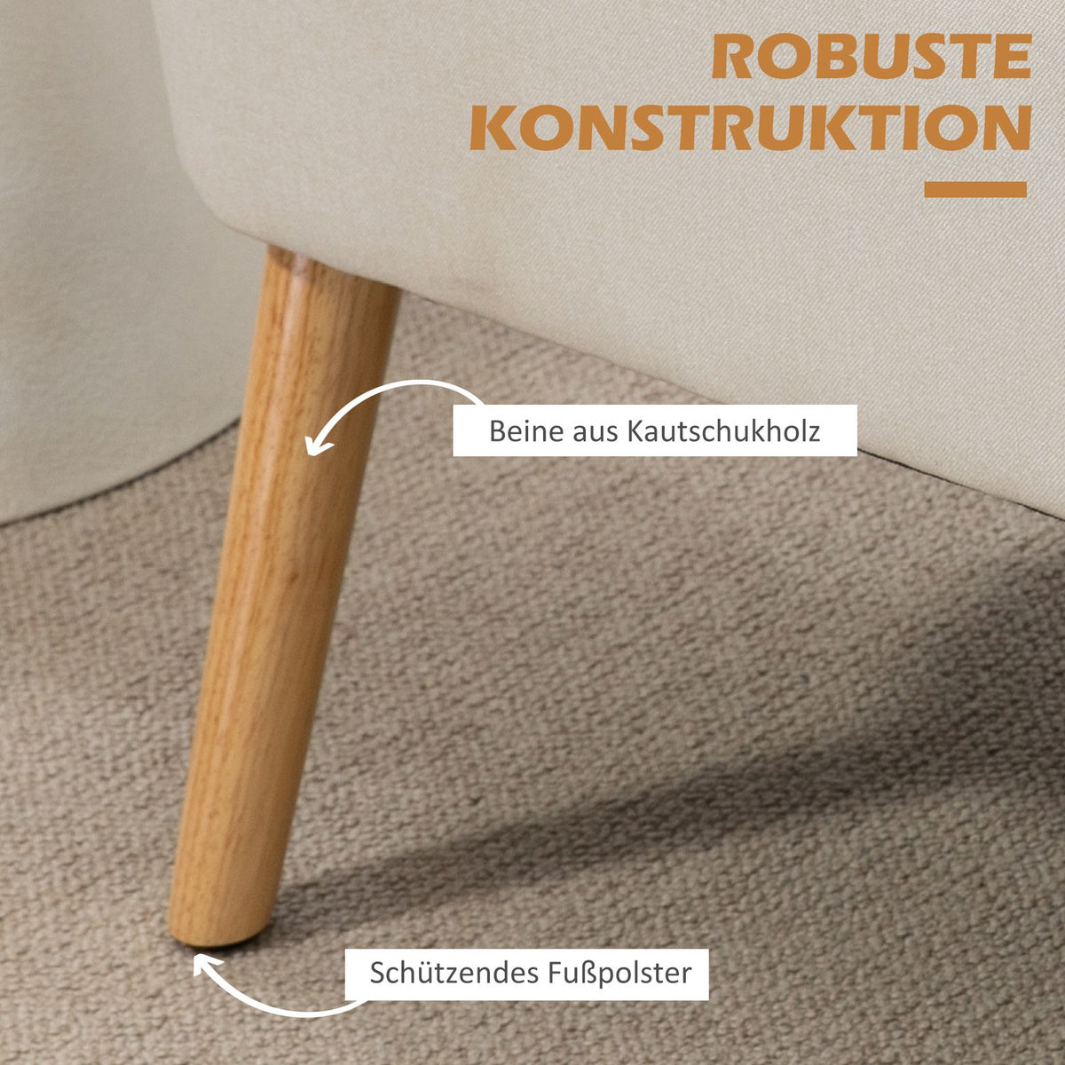2-seater sofa, loveseat with linen look, double sofa with wooden legs, load capacity up to 150 kg, cream white, 117 x 56.5 x 77 cm