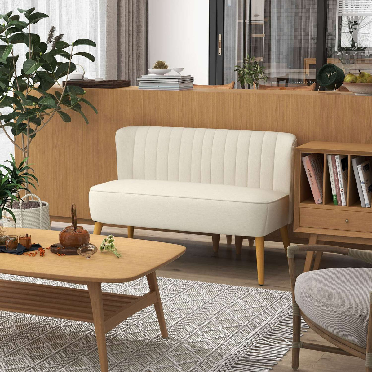 2-seater sofa, loveseat with linen look, double sofa with wooden legs, load capacity up to 150 kg, cream white, 117 x 56.5 x 77 cm