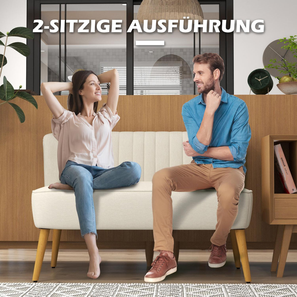 2-seater sofa, loveseat with linen look, double sofa with wooden legs, load capacity up to 150 kg, cream white, 117 x 56.5 x 77 cm