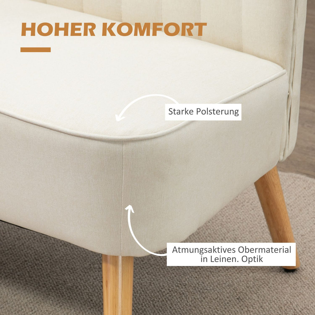 2-seater sofa, loveseat with linen look, double sofa with wooden legs, load capacity up to 150 kg, cream white, 117 x 56.5 x 77 cm