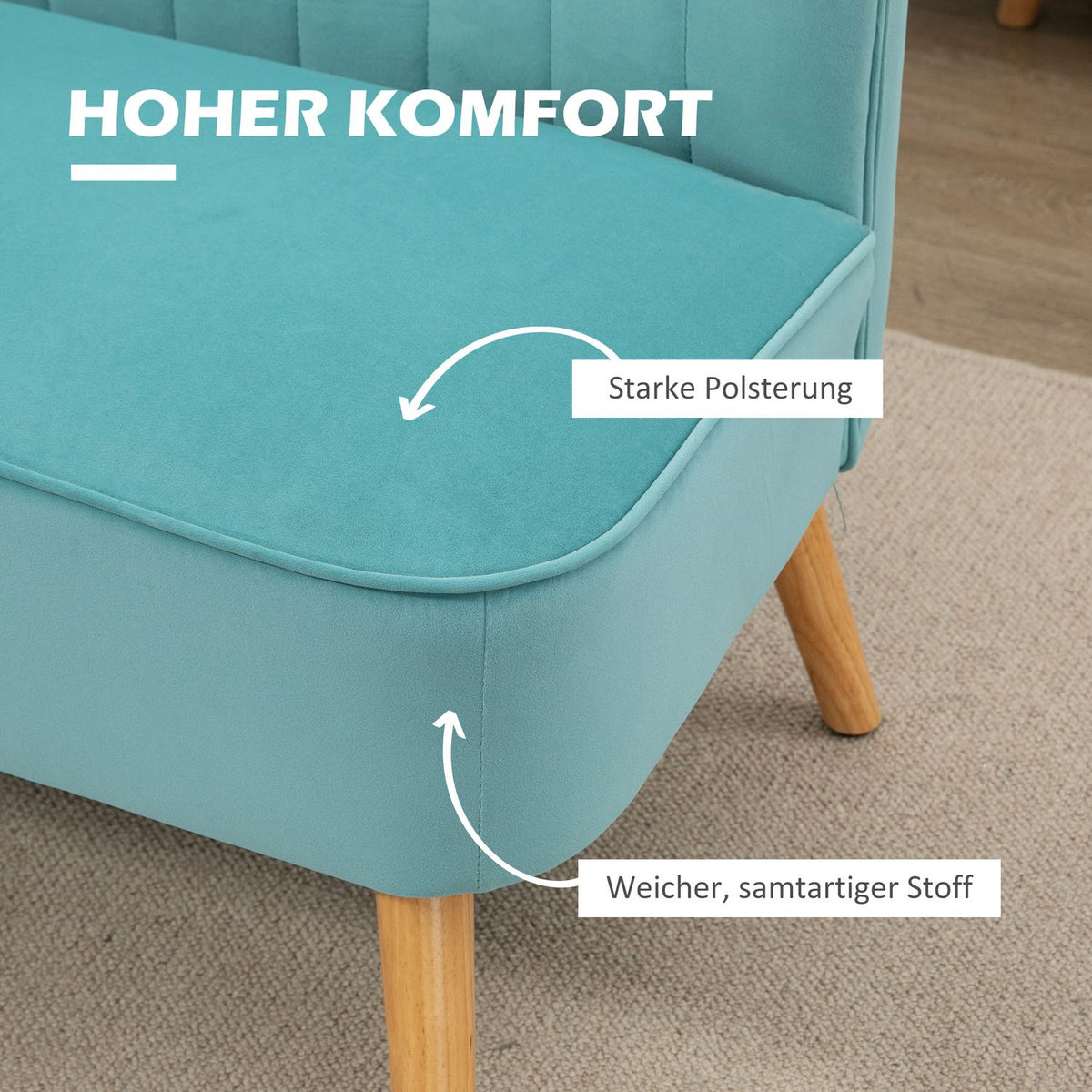 2-seater sofa, loveseat with linen look, double sofa with wooden legs, load capacity up to 150 kg, green, 117 x 56.5 x 77 cm