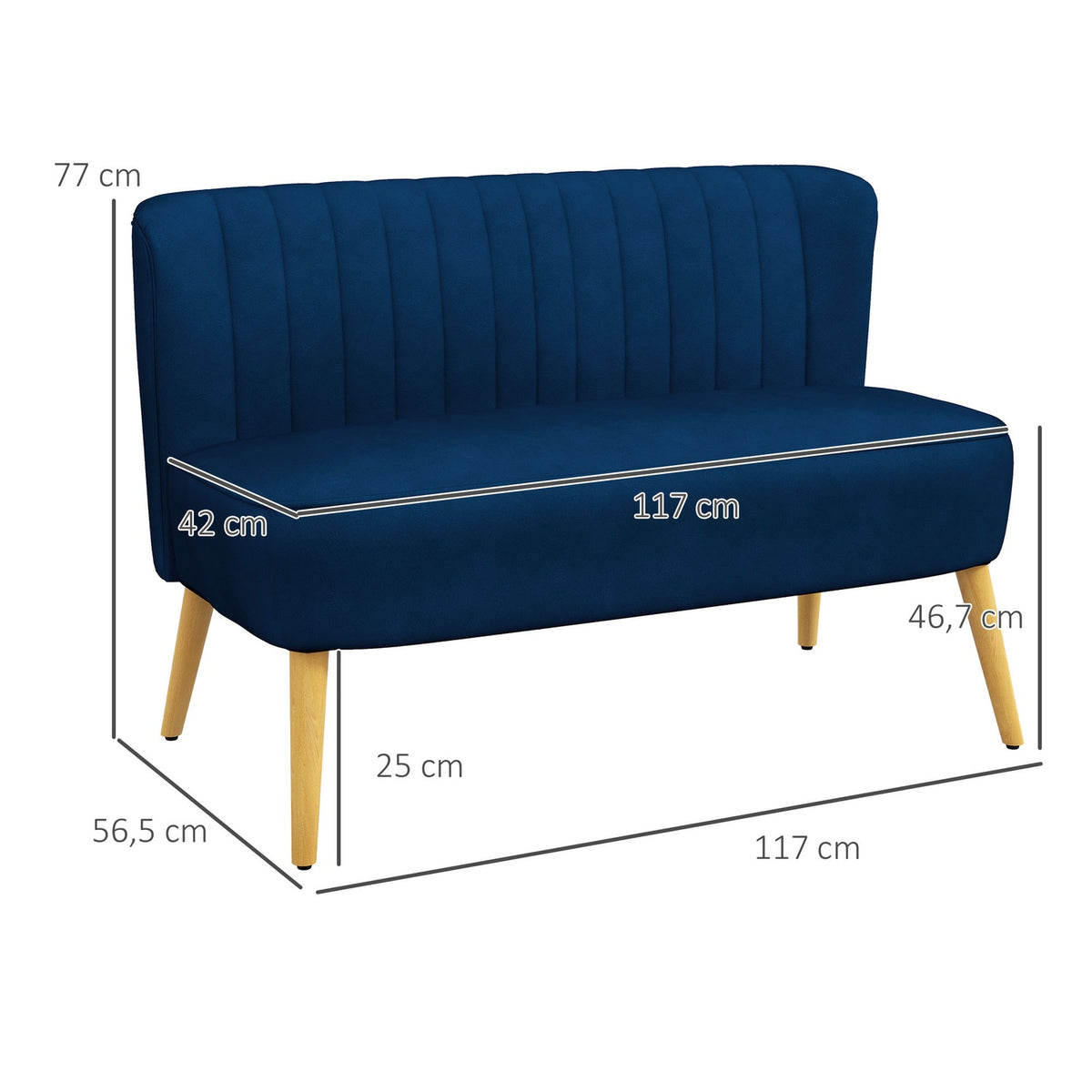 2-seater sofa, two-seater, loveseat with linen look, double sofa with wooden legs, load capacity up to 150 kg, sky blue, 117 x 56.5 x 77 cm