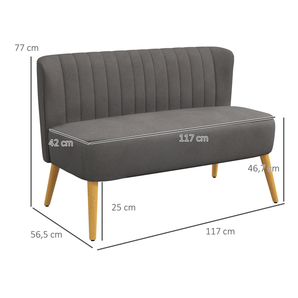2-seater sofa two-seater loveseat with linen look, double sofa, wooden legs, up to 150 kg, dark gray, 117 x 56.5 x 77 cm